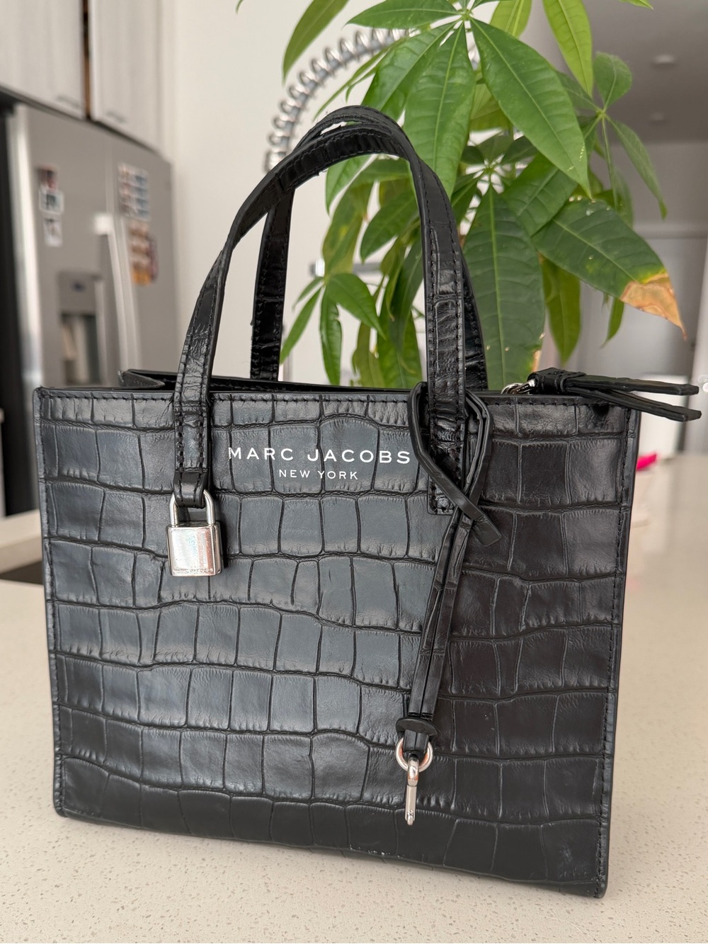 Marc Jacobs Black Croc-Embossed Mini Tote with Silver Hardware